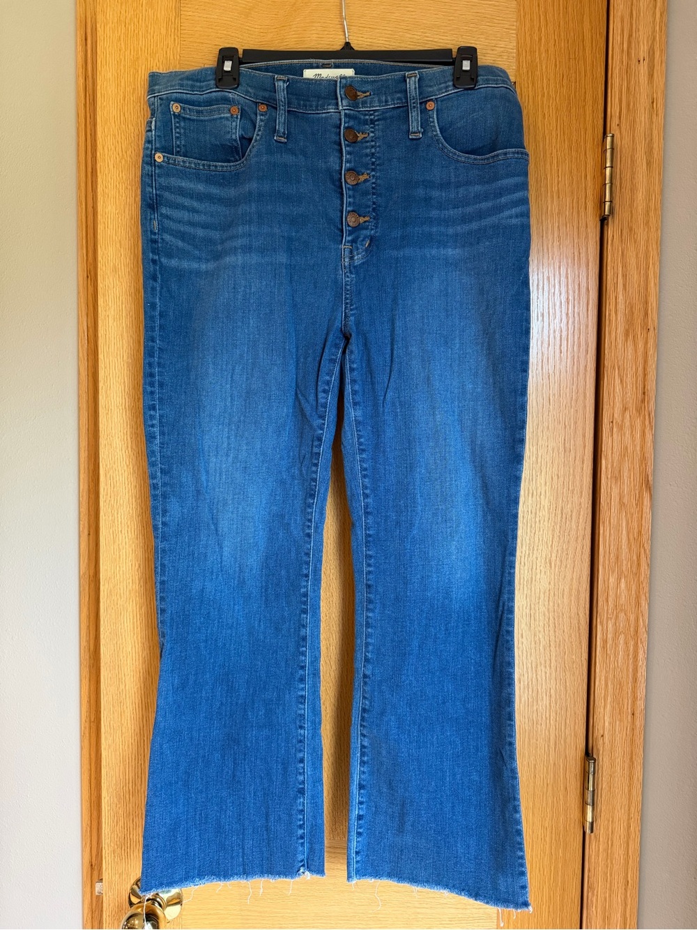 Madewell Cali Demi Boot Button Fly Jeans Blue Denim Raw Frayed Hem Size 31